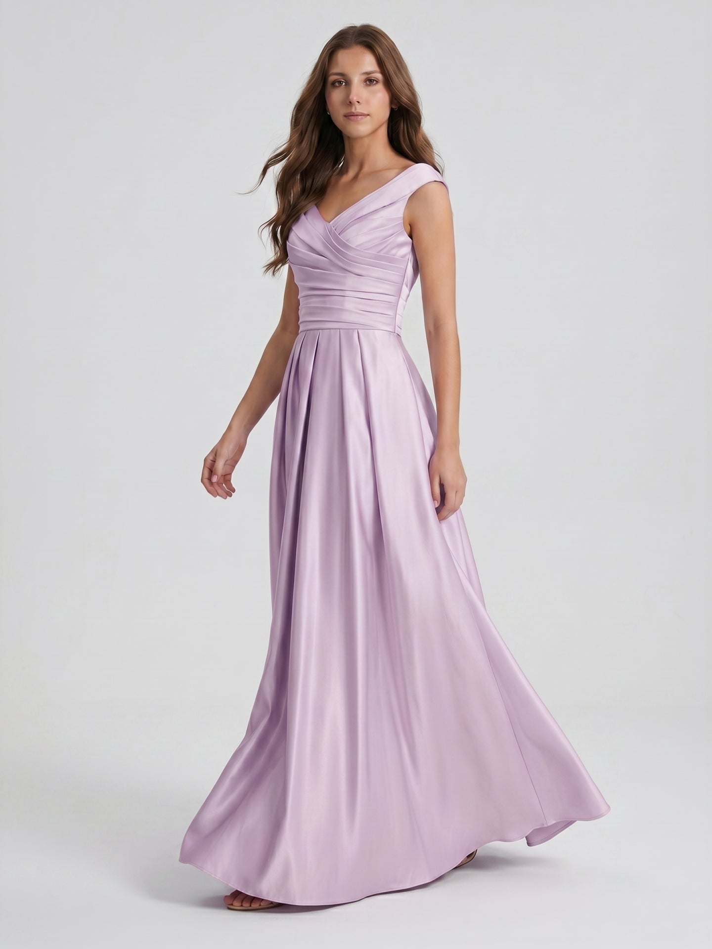 Lilac Satin A-Line V-Neck V-Back Floor-Length Bridesmaid Dress - Curvevia