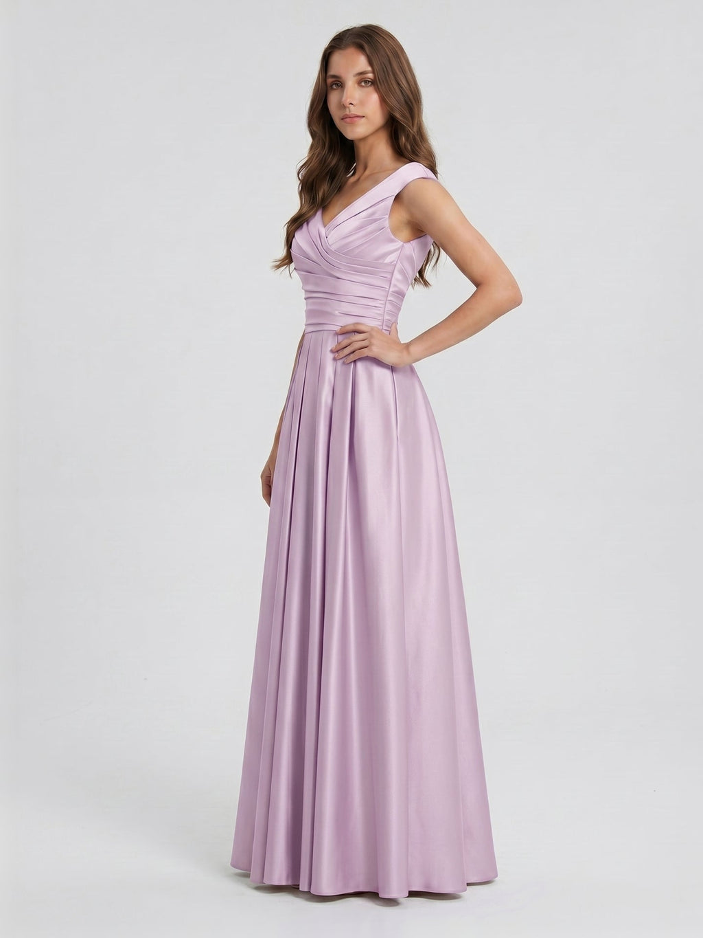 Lilac Satin A-Line V-Neck V-Back Floor-Length Bridesmaid Dress - Curvevia
