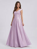 Lilac Satin A-Line V-Neck V-Back Floor-Length Bridesmaid Dress - Curvevia