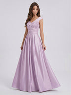 Lilac Satin A-Line V-Neck V-Back Floor-Length Bridesmaid Dress - Curvevia