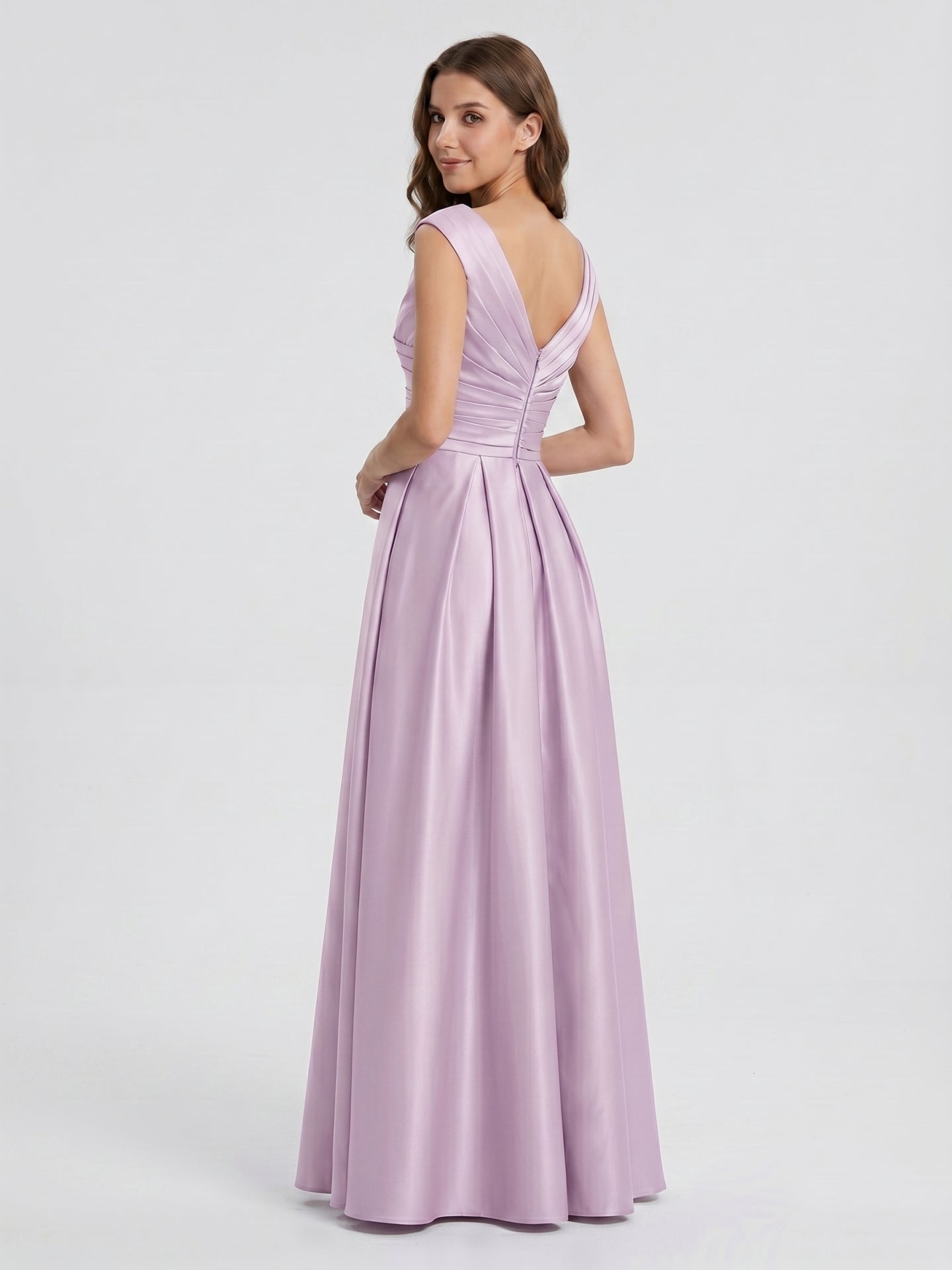 Lilac Satin A-Line V-Neck V-Back Floor-Length Bridesmaid Dress - Curvevia