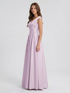 Lilac Satin A-Line V-Neck V-Back Floor-Length Bridesmaid Dress - Curvevia