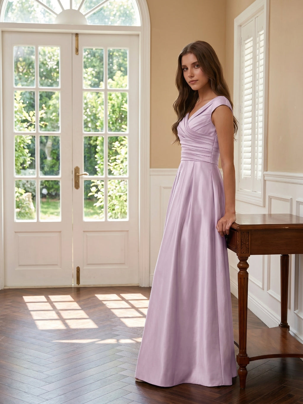 Lilac Satin A-Line V-Neck V-Back Floor-Length Bridesmaid Dress - Curvevia