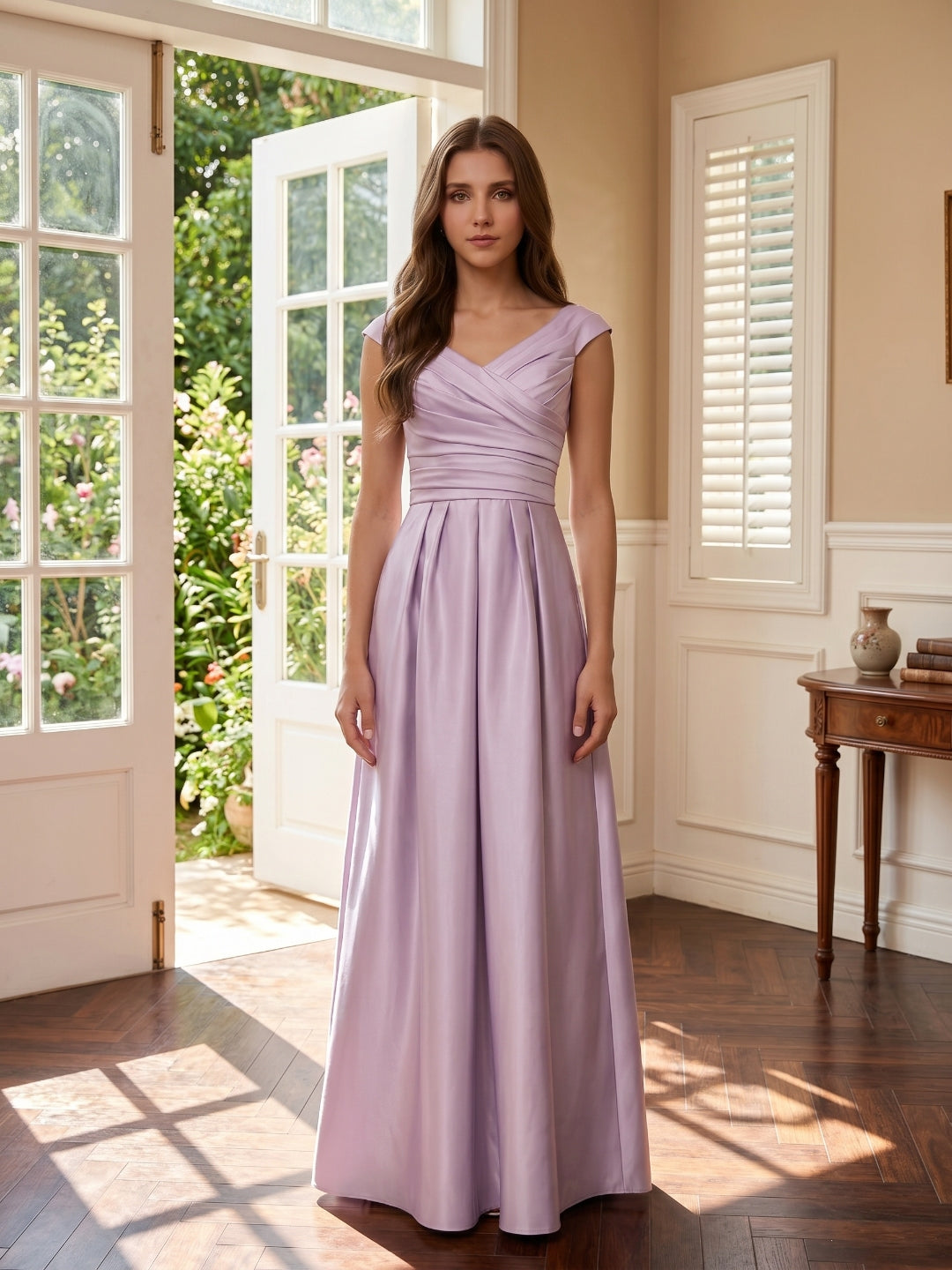 Lilac Satin A-Line V-Neck V-Back Floor-Length Bridesmaid Dress - Curvevia