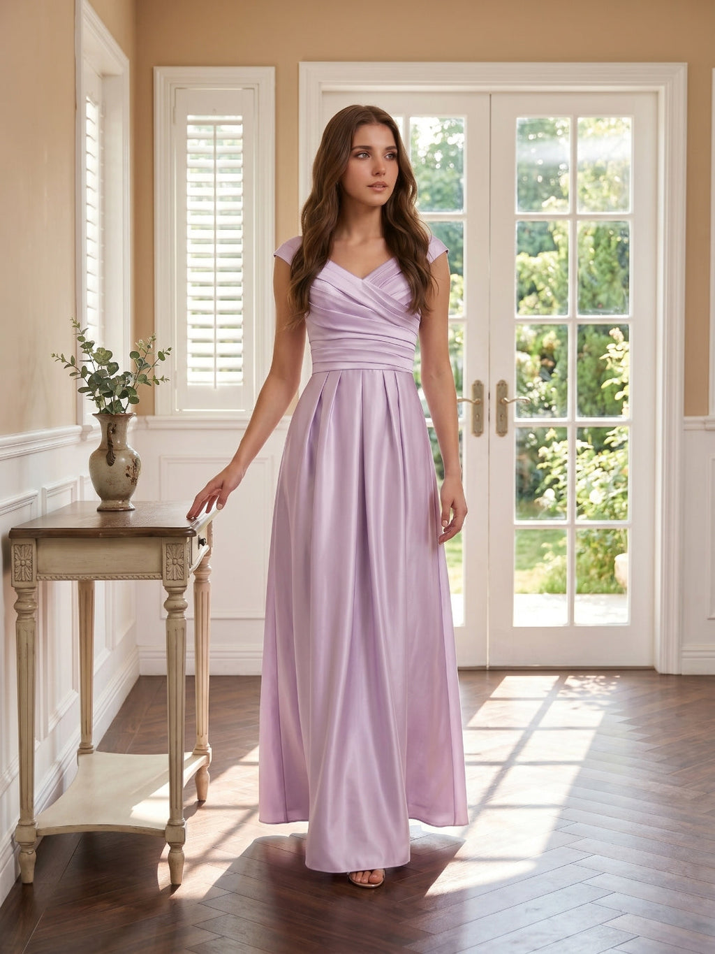 Lilac Satin A-Line V-Neck V-Back Floor-Length Bridesmaid Dress - Curvevia