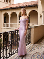 Lilac Satin Mermaid Off-the-Shoulder Backless Floor-Length Bridesmaid Dress - Curvevia