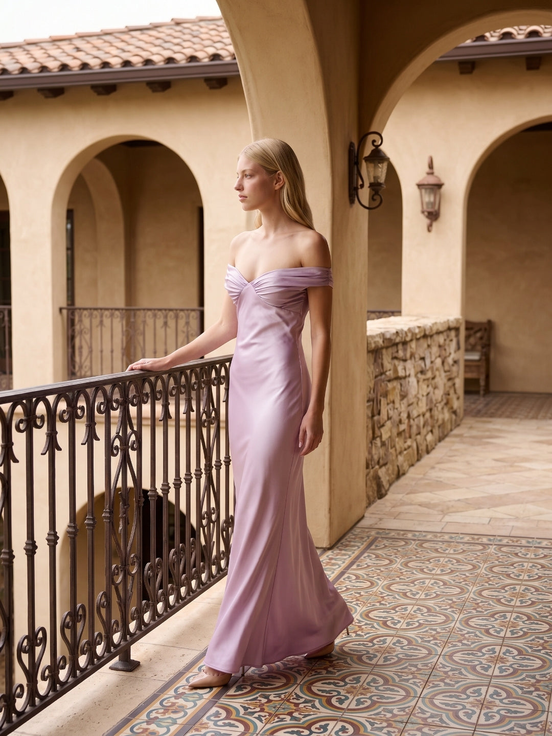 Lilac Satin Mermaid Off-the-Shoulder Backless Floor-Length Bridesmaid Dress - Curvevia