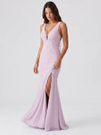Lilac Satin Mermaid V-Neck Lace-Up Floor-Length Bridesmaid Dress - Curvevia