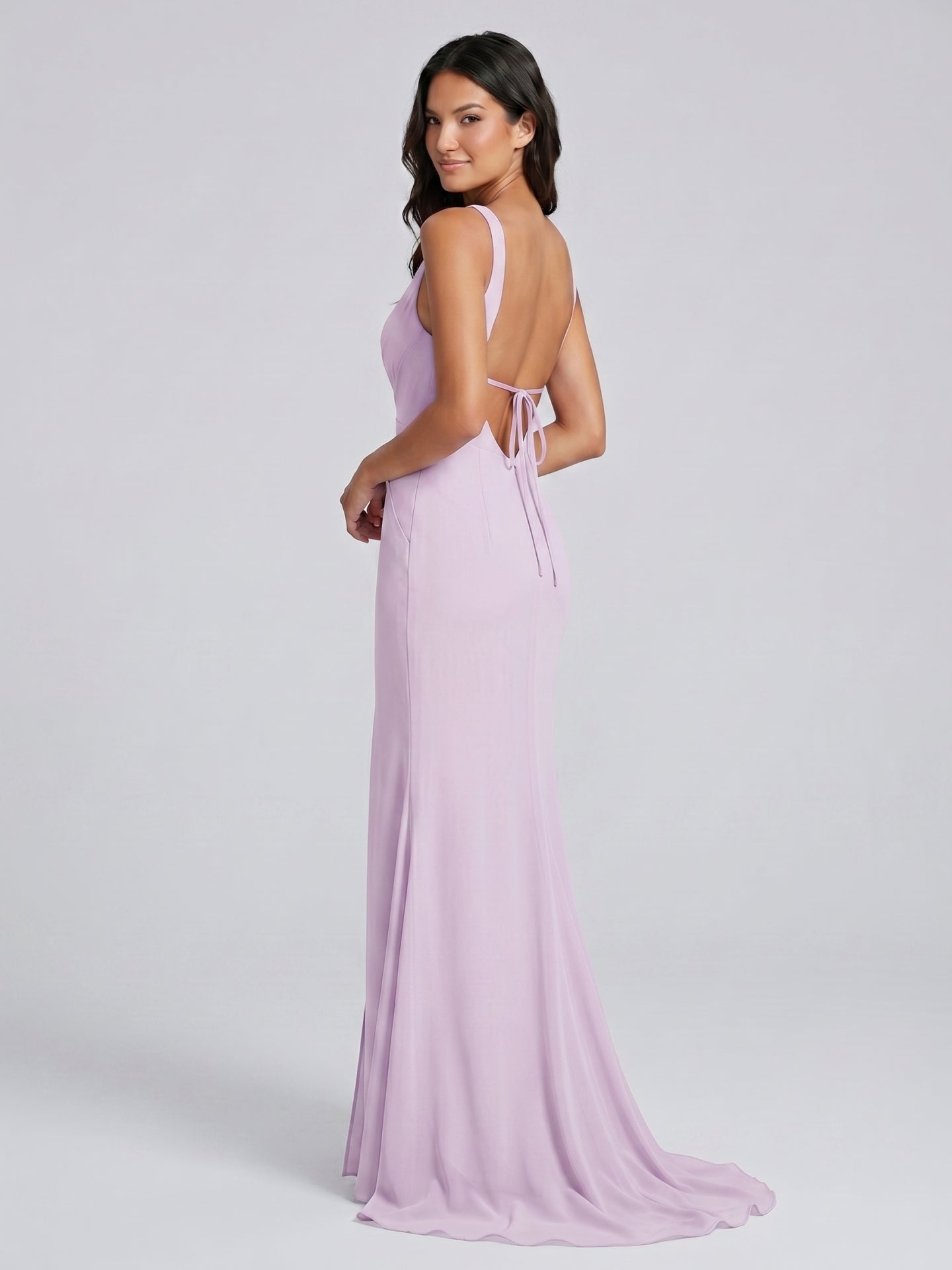 Lilac Satin Mermaid V-Neck Lace-Up Floor-Length Bridesmaid Dress - Curvevia