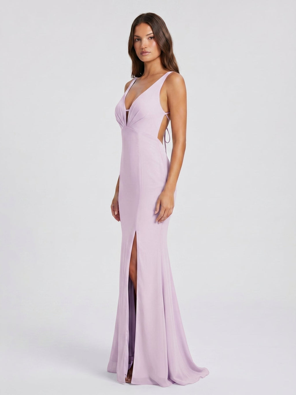 Lilac Satin Mermaid V-Neck Lace-Up Floor-Length Bridesmaid Dress - Curvevia