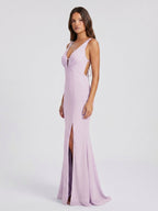 Lilac Satin Mermaid V-Neck Lace-Up Floor-Length Bridesmaid Dress - Curvevia