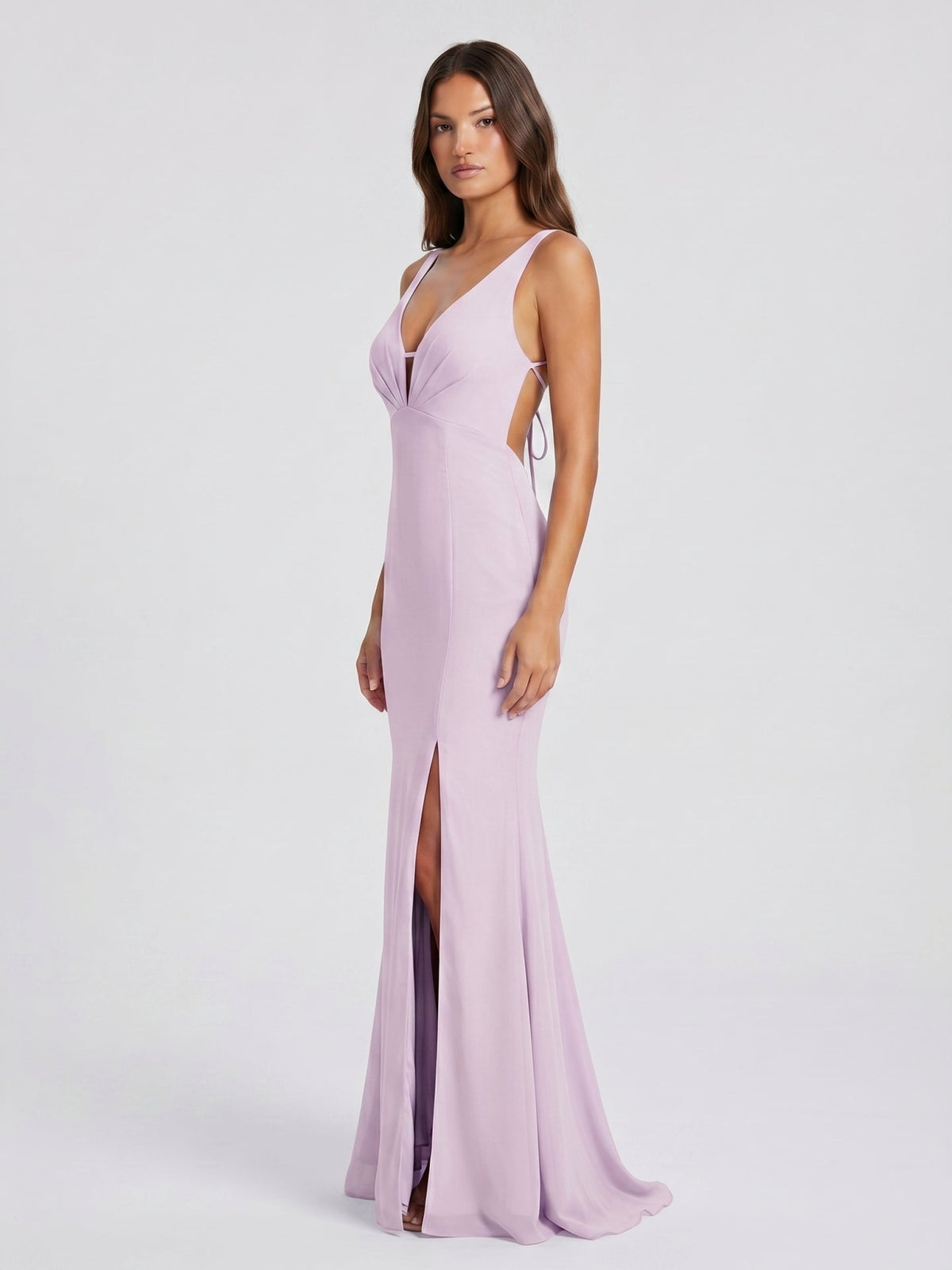 Lilac Satin Mermaid V-Neck Lace-Up Floor-Length Bridesmaid Dress - Curvevia