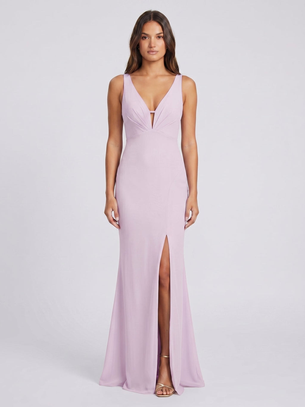 Lilac Satin Mermaid V-Neck Lace-Up Floor-Length Bridesmaid Dress - Curvevia