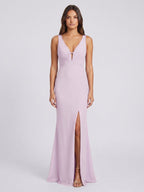 Lilac Satin Mermaid V-Neck Lace-Up Floor-Length Bridesmaid Dress - Curvevia