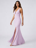 Lilac Satin Mermaid V-Neck Lace-Up Floor-Length Bridesmaid Dress - Curvevia