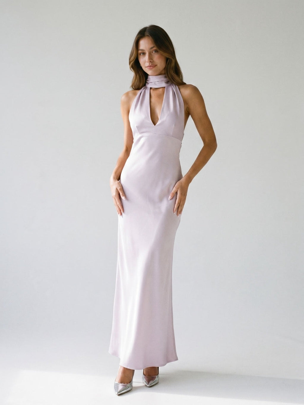 Lilac Satin Sheath Halter Neckline Backless Ankle-Length Evening Dress - Curvevia