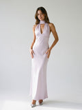 Lilac Satin Sheath Halter Neckline Backless Ankle-Length Evening Dress - Curvevia