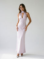 Lilac Satin Sheath Halter Neckline Backless Ankle-Length Evening Dress - Curvevia