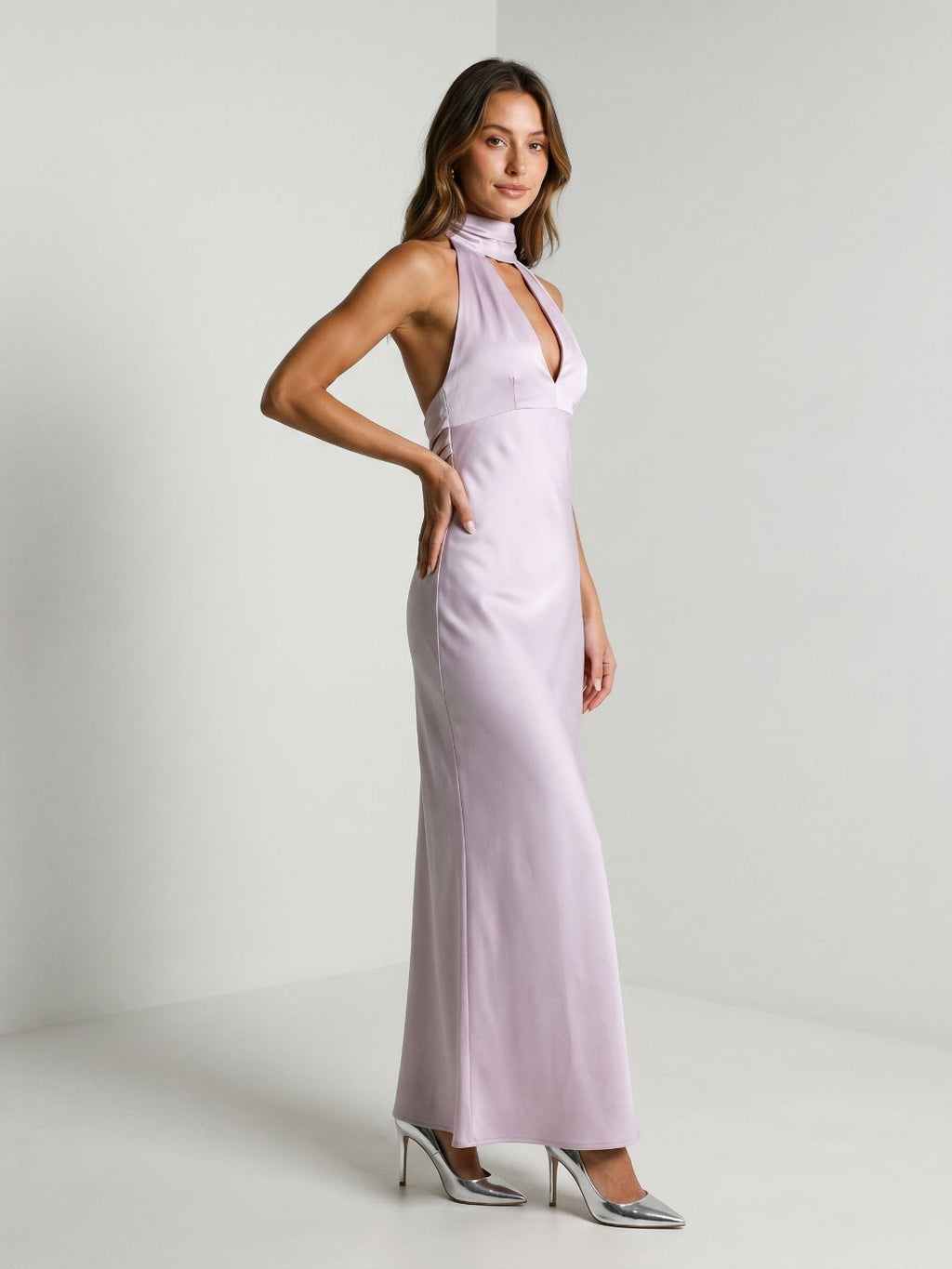 Lilac Satin Sheath Halter Neckline Backless Ankle-Length Evening Dress - Curvevia