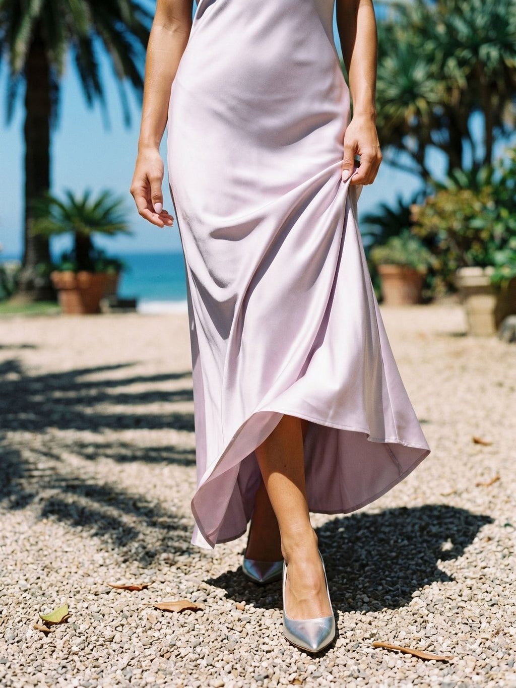 Lilac Satin Sheath Halter Neckline Backless Ankle-Length Evening Dress - Curvevia