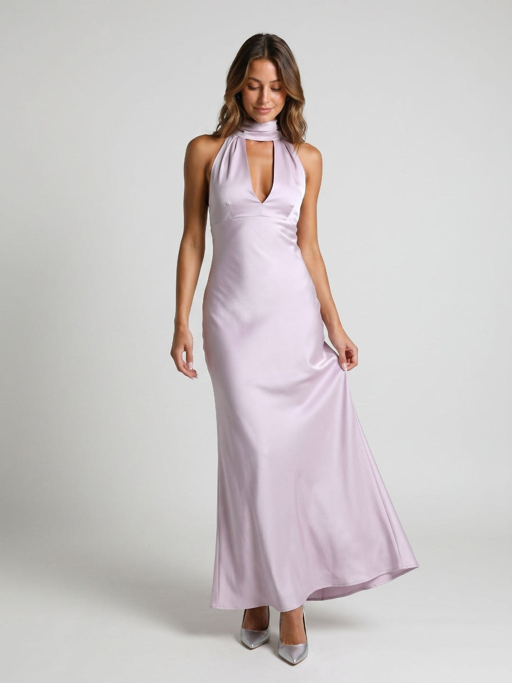 Lilac Satin Sheath Halter Neckline Backless Ankle-Length Evening Dress - Curvevia