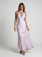 Lilac Satin Sheath Halter Neckline Backless Ankle-Length Evening Dress - Curvevia