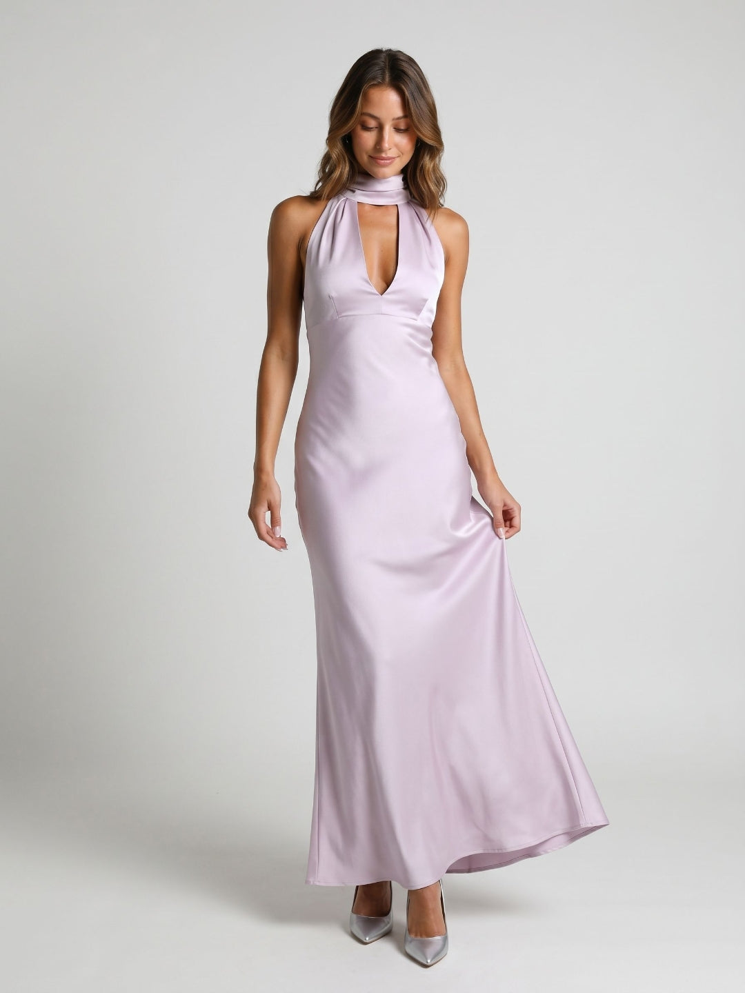 Lilac Satin Sheath Halter Neckline Backless Ankle-Length Evening Dress - Curvevia