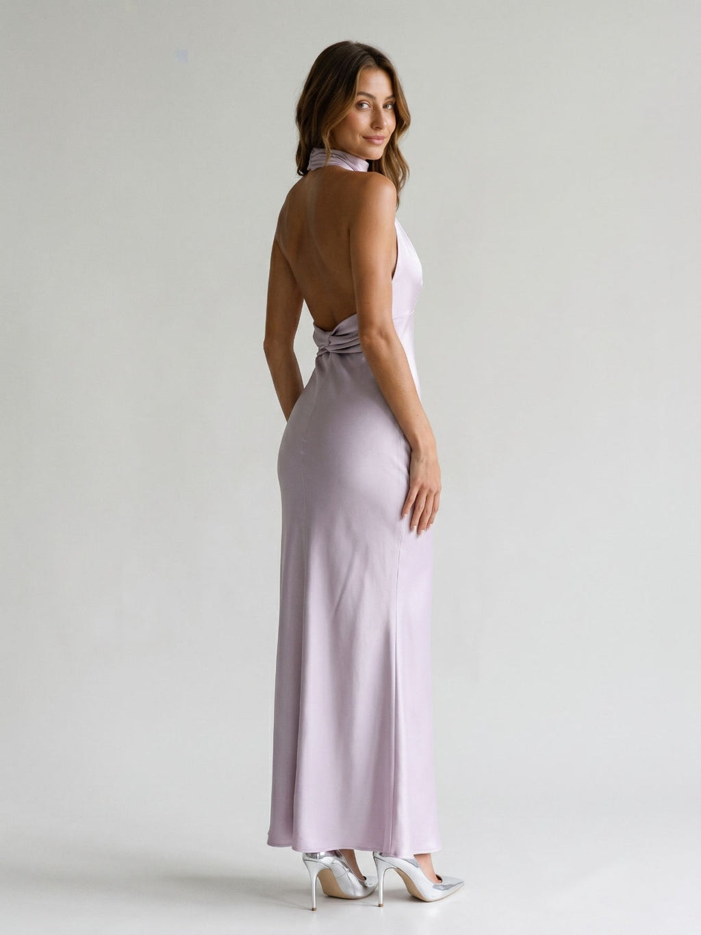 Lilac Satin Sheath Halter Neckline Backless Ankle-Length Evening Dress - Curvevia