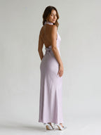 Lilac Satin Sheath Halter Neckline Backless Ankle-Length Evening Dress - Curvevia