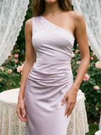 Lilac Satin Sheath One Shoulder Side Zip Ankle-Length Evening Dress - Curvevia