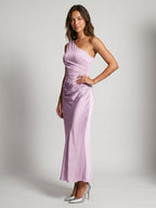 Lilac Satin Sheath One Shoulder Side Zip Ankle-Length Evening Dress - Curvevia