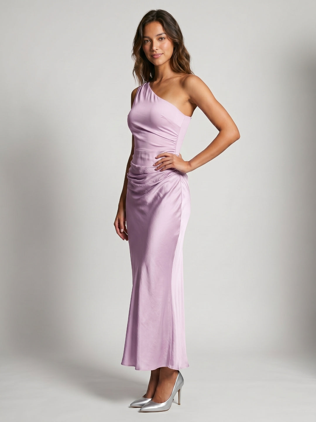 Lilac Satin Sheath One Shoulder Side Zip Ankle-Length Evening Dress - Curvevia