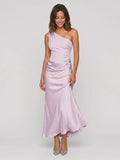 Lilac Satin Sheath One Shoulder Side Zip Ankle-Length Evening Dress - Curvevia