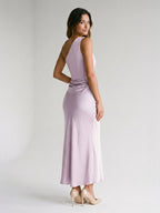 Lilac Satin Sheath One Shoulder Side Zip Ankle-Length Evening Dress - Curvevia