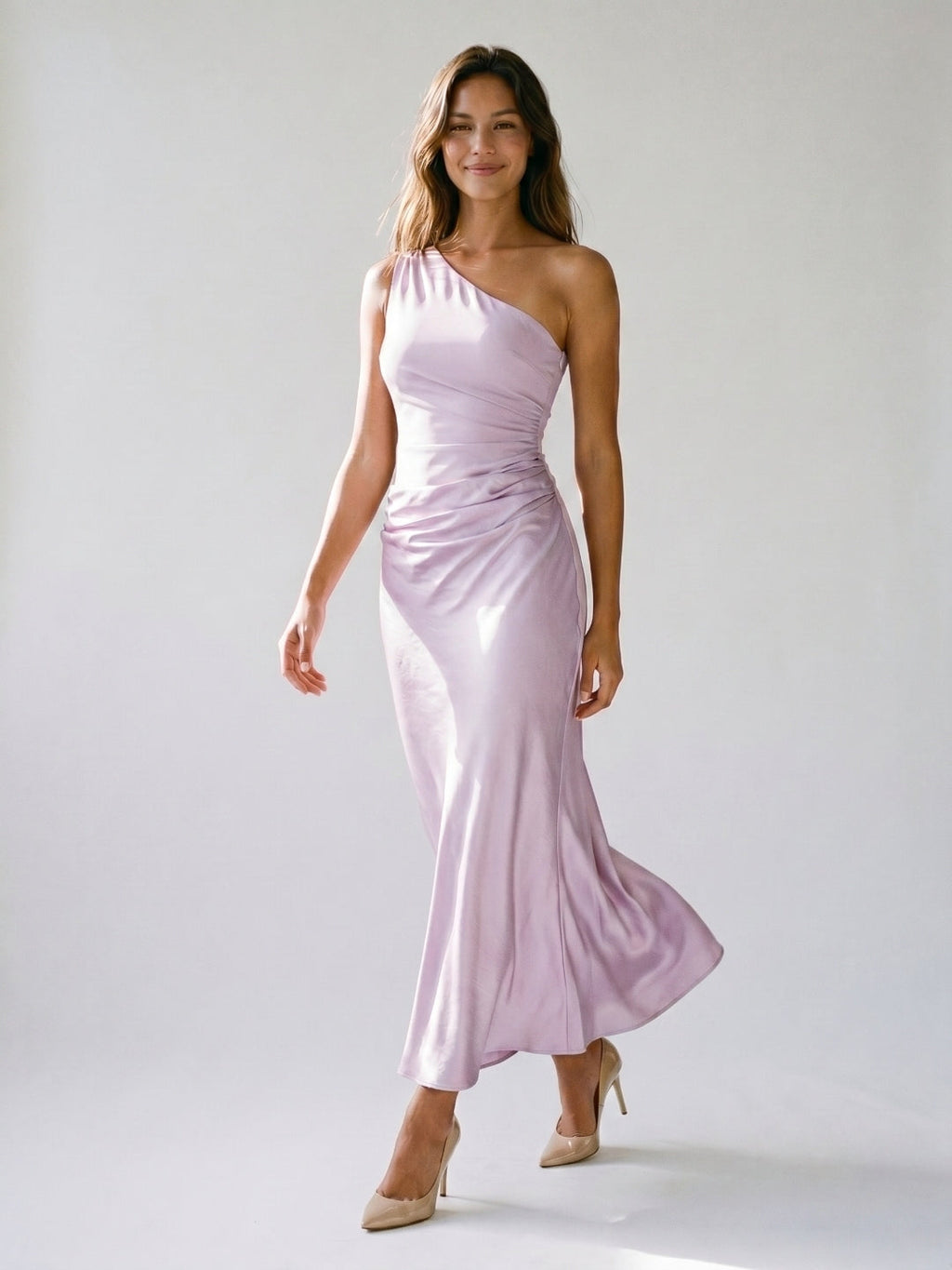 Lilac Satin Sheath One Shoulder Side Zip Ankle-Length Evening Dress - Curvevia