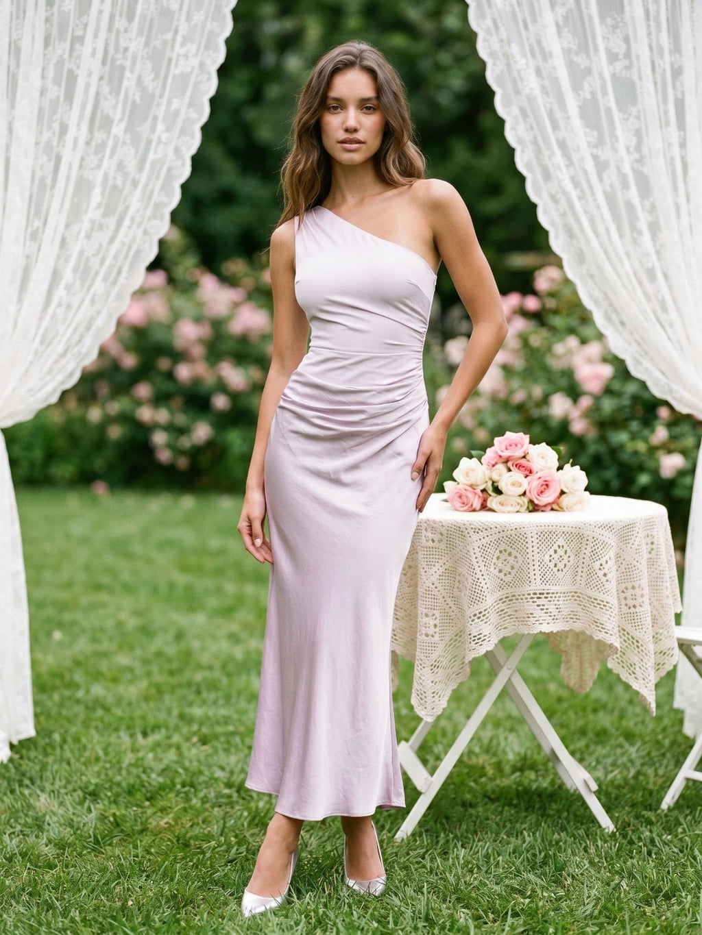 Lilac Satin Sheath One Shoulder Side Zip Ankle-Length Evening Dress - Curvevia
