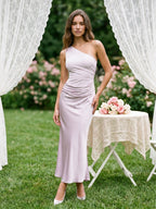 Lilac Satin Sheath One Shoulder Side Zip Ankle-Length Evening Dress - Curvevia