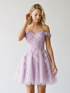 Lilac Sequin A-Line Off-the-Shoulder Back Zip Short Dress with 3D Flowers - Curvevia