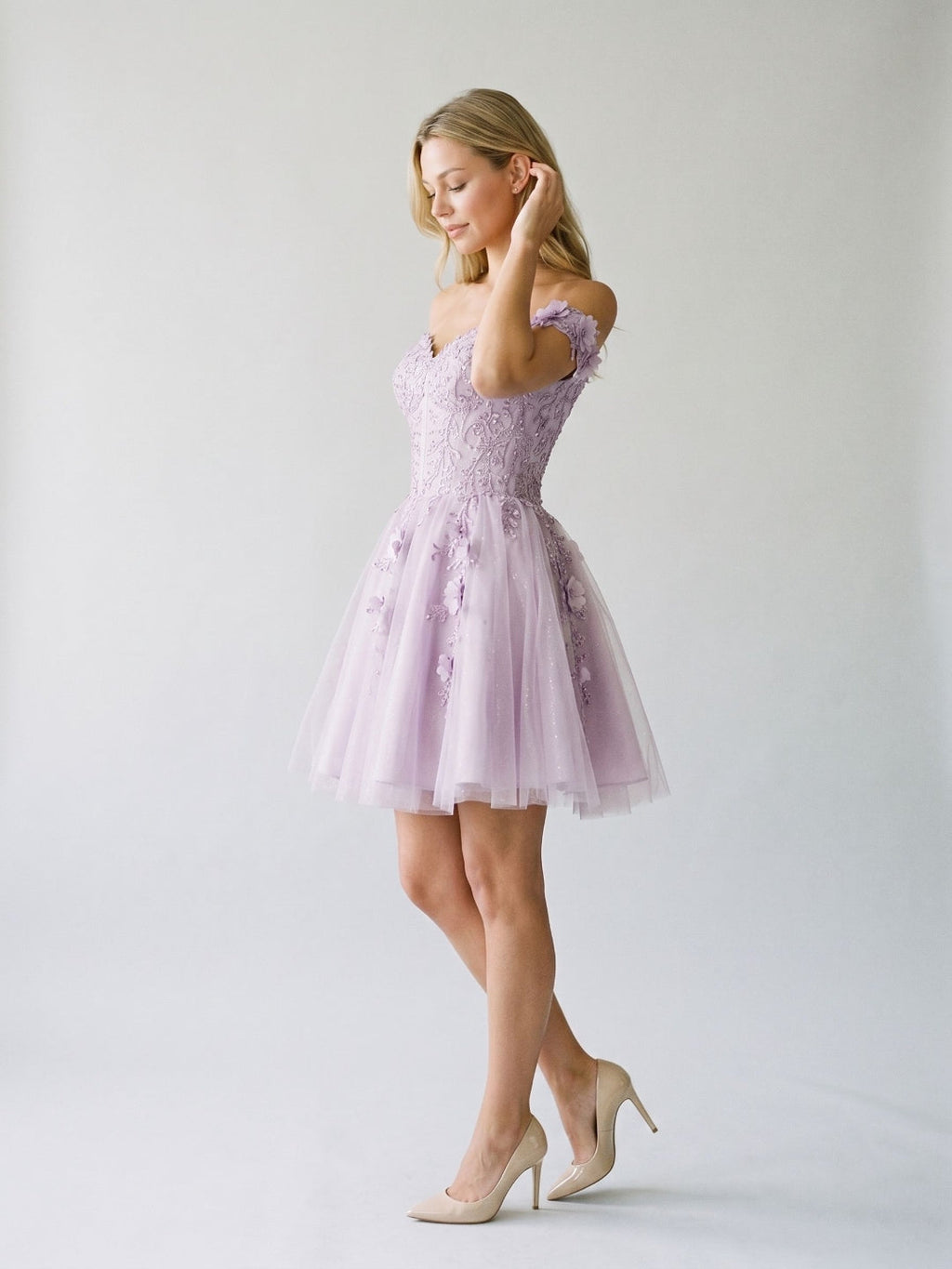 Lilac Sequin A-Line Off-the-Shoulder Back Zip Short Dress with 3D Flowers - Curvevia