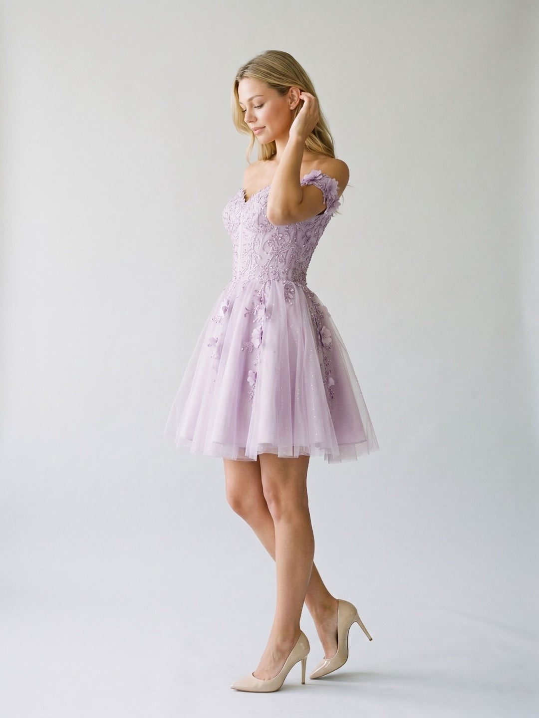 Lilac Sequin A-Line Off-the-Shoulder Back Zip Short Dress with 3D Flowers - Curvevia