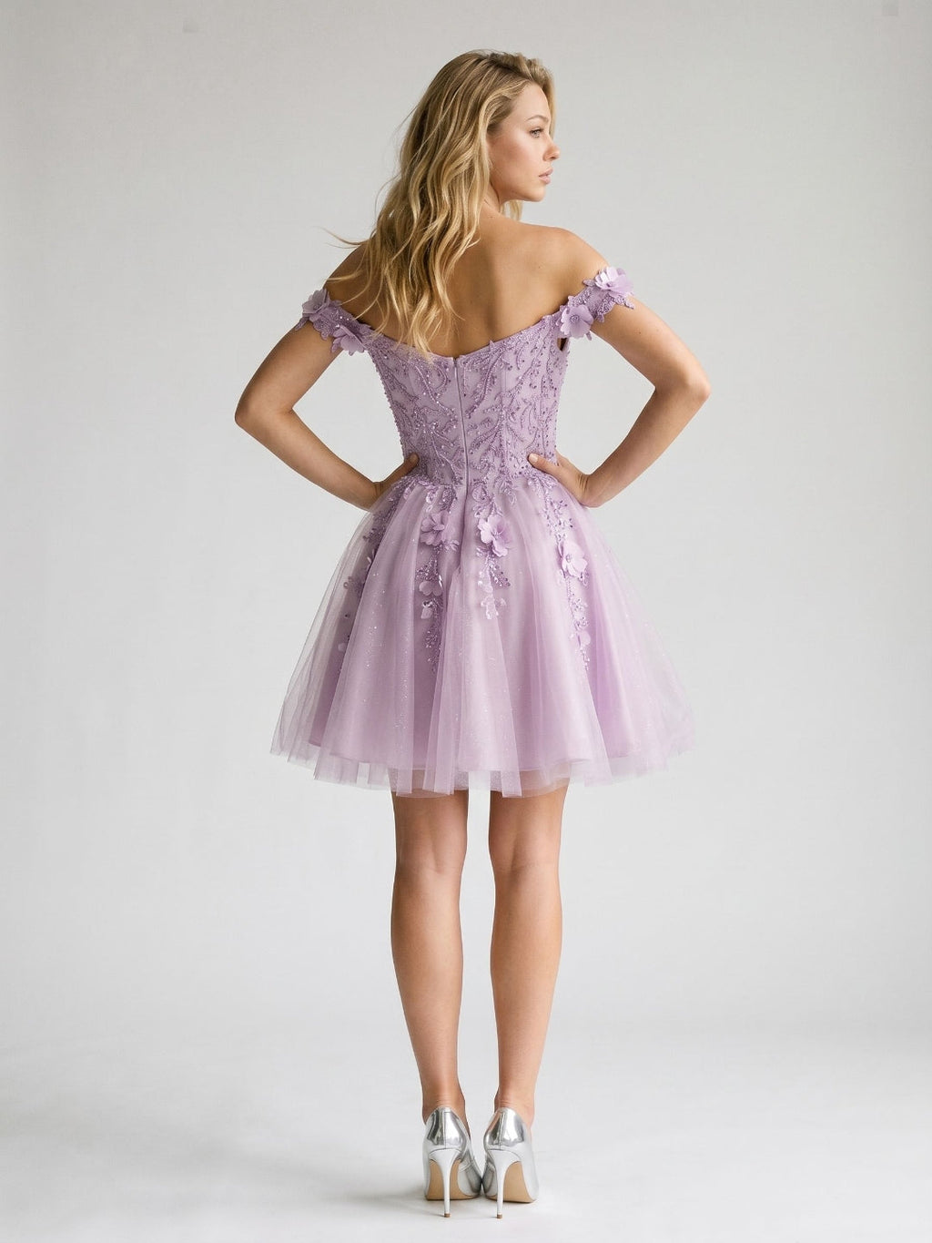 Lilac Sequin A-Line Off-the-Shoulder Back Zip Short Dress with 3D Flowers - Curvevia