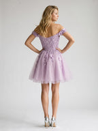 Lilac Sequin A-Line Off-the-Shoulder Back Zip Short Dress with 3D Flowers - Curvevia