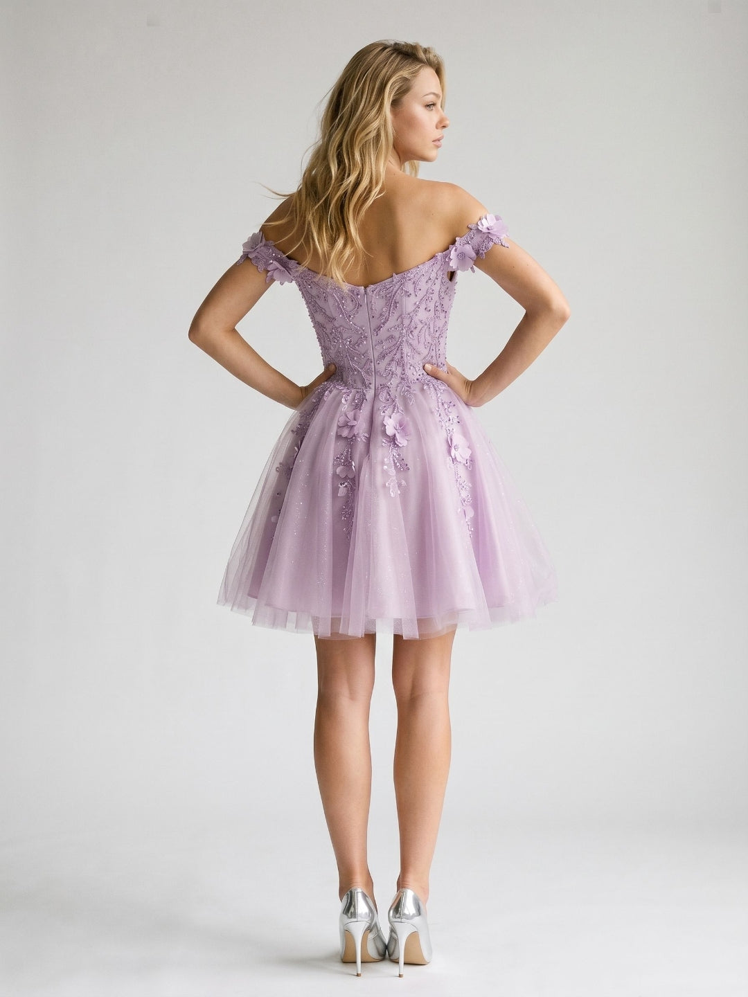 Lilac Sequin A-Line Off-the-Shoulder Back Zip Short Dress with 3D Flowers - Curvevia