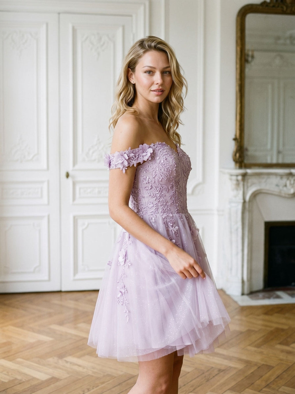 Lilac Sequin A-Line Off-the-Shoulder Back Zip Short Dress with 3D Flowers - Curvevia