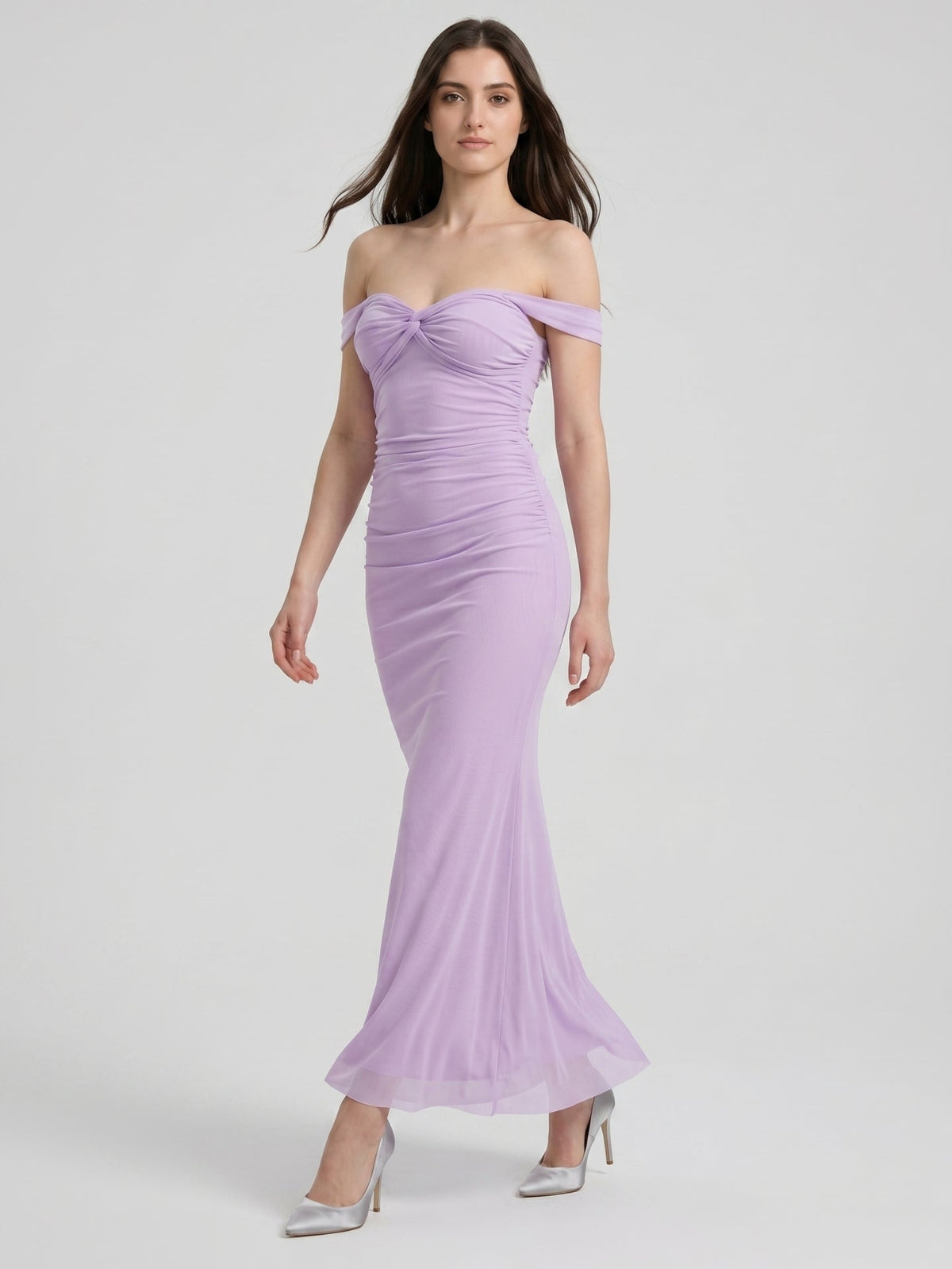 Lilac Stretch Knit Column Off-the-Shoulder Lace-up Floor-Length Bridesmaid Dress - Curvevia