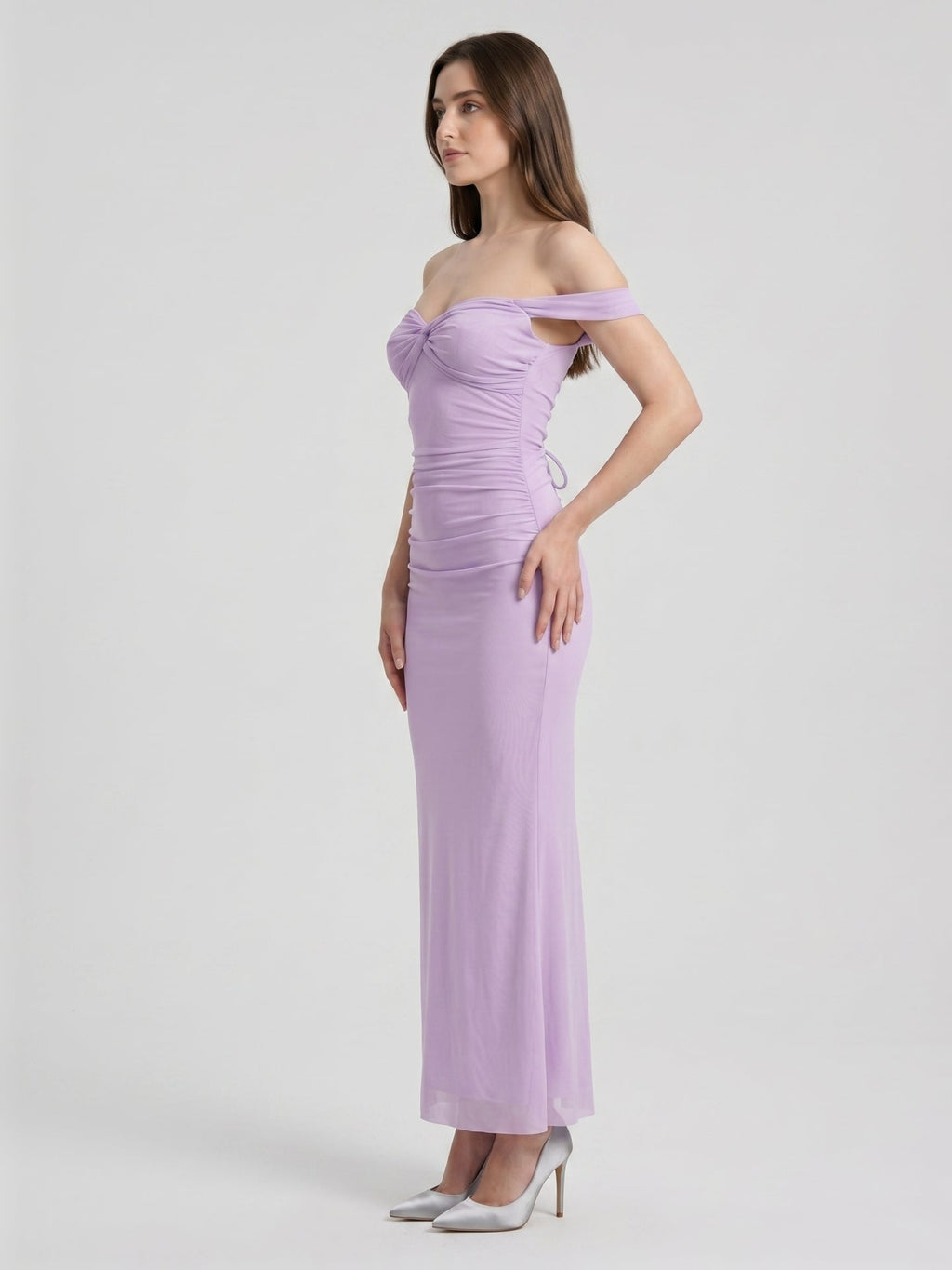 Lilac Stretch Knit Column Off-the-Shoulder Lace-up Floor-Length Bridesmaid Dress - Curvevia