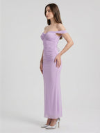 Lilac Stretch Knit Column Off-the-Shoulder Lace-up Floor-Length Bridesmaid Dress - Curvevia