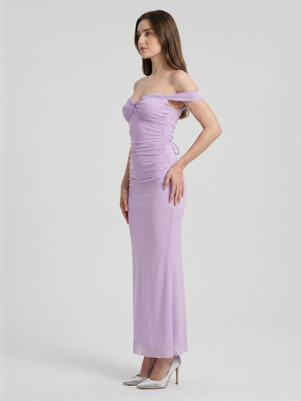 Lilac Stretch Knit Column Off-the-Shoulder Lace-up Floor-Length Bridesmaid Dress - Curvevia