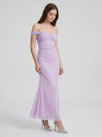 Lilac Stretch Knit Column Off-the-Shoulder Lace-up Floor-Length Bridesmaid Dress - Curvevia