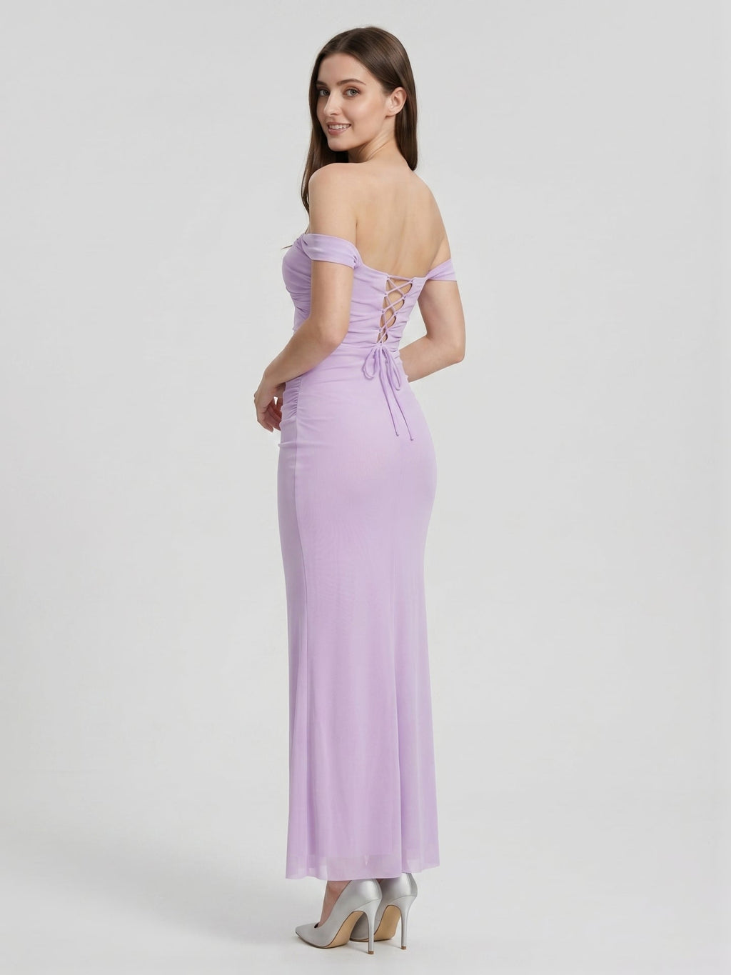 Lilac Stretch Knit Column Off-the-Shoulder Lace-up Floor-Length Bridesmaid Dress - Curvevia